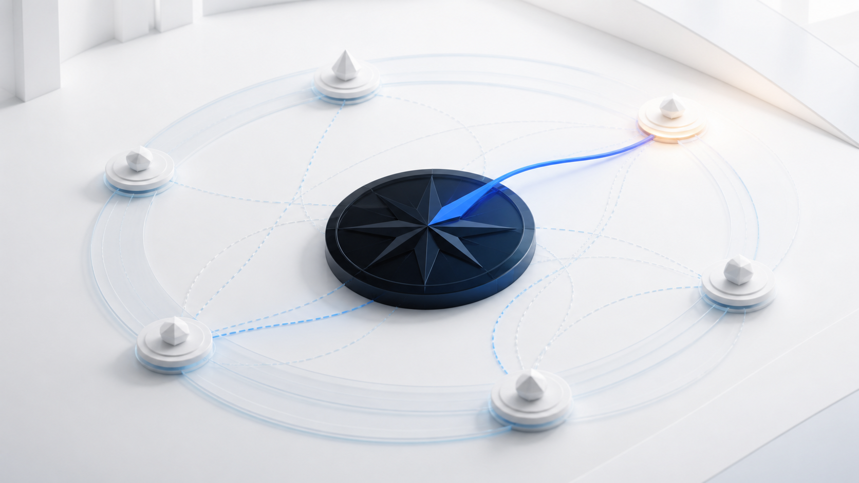 A deep-navy compass selects a clear path among interconnected decision nodes, symbolizing disciplined human judgment in AI-assisted work.