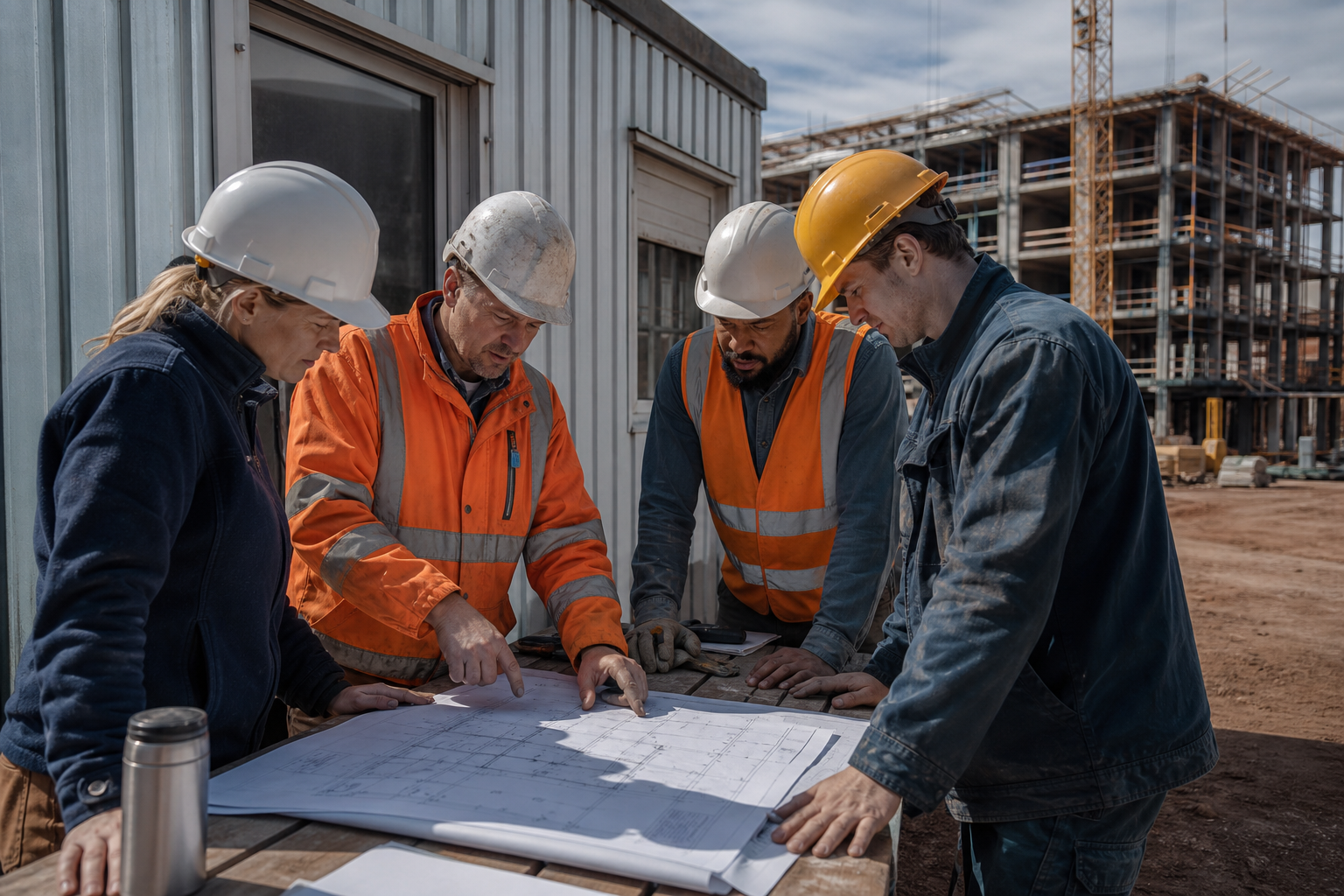 Construction team reviewing plans at a jobsite.