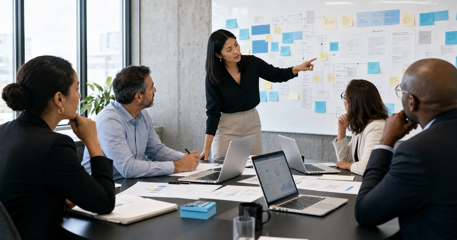 Executives mapping an AI implementation workflow in a conference room.