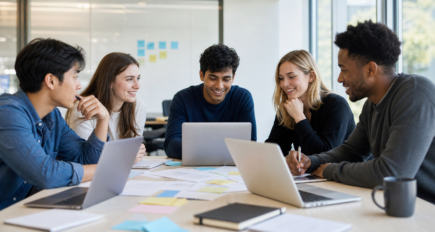 College-aged adult interns working together at a table on an AI project.