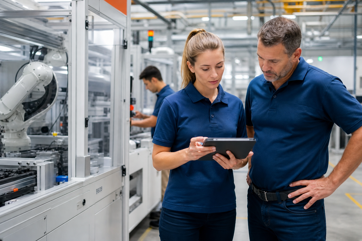 Manufacturing floor with operators reviewing production data on a tablet.