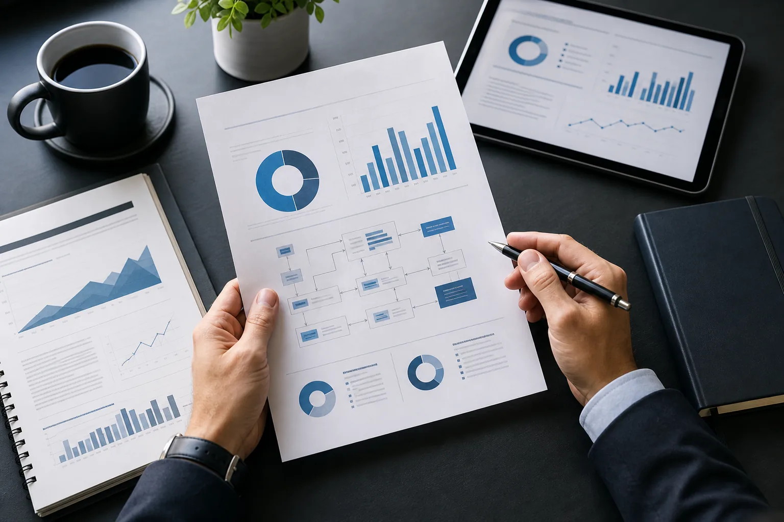 Executive research brief pages and dashboard charts on a desk.