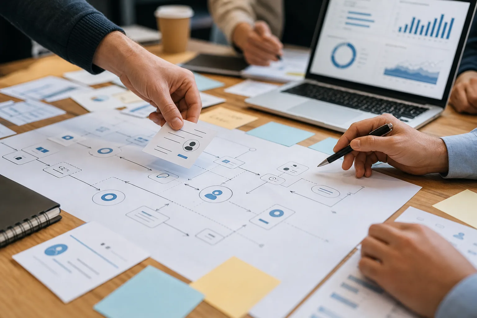 Hands arranging workflow cards on an AI process map.